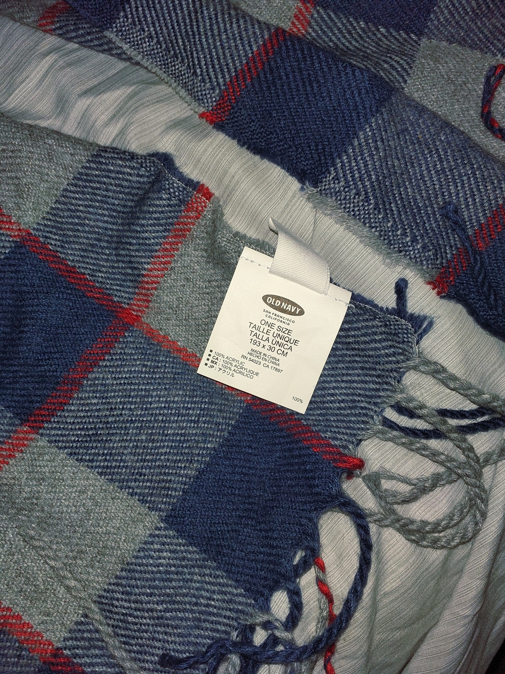 Old Navy Plaid Fringe Scarf - Blue, Gray & Red